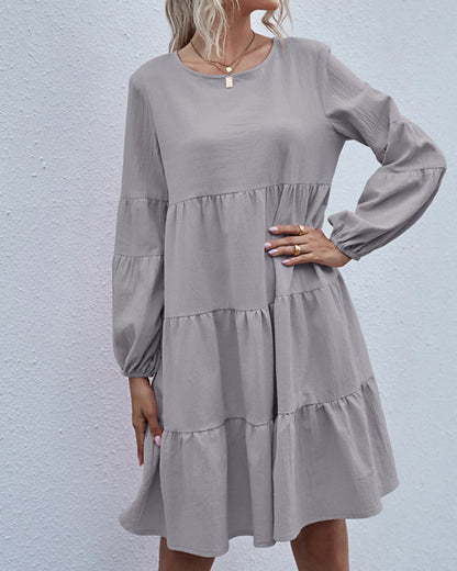 Round Neck Lantern Elastic Bubble Sleeve Mini Dresses