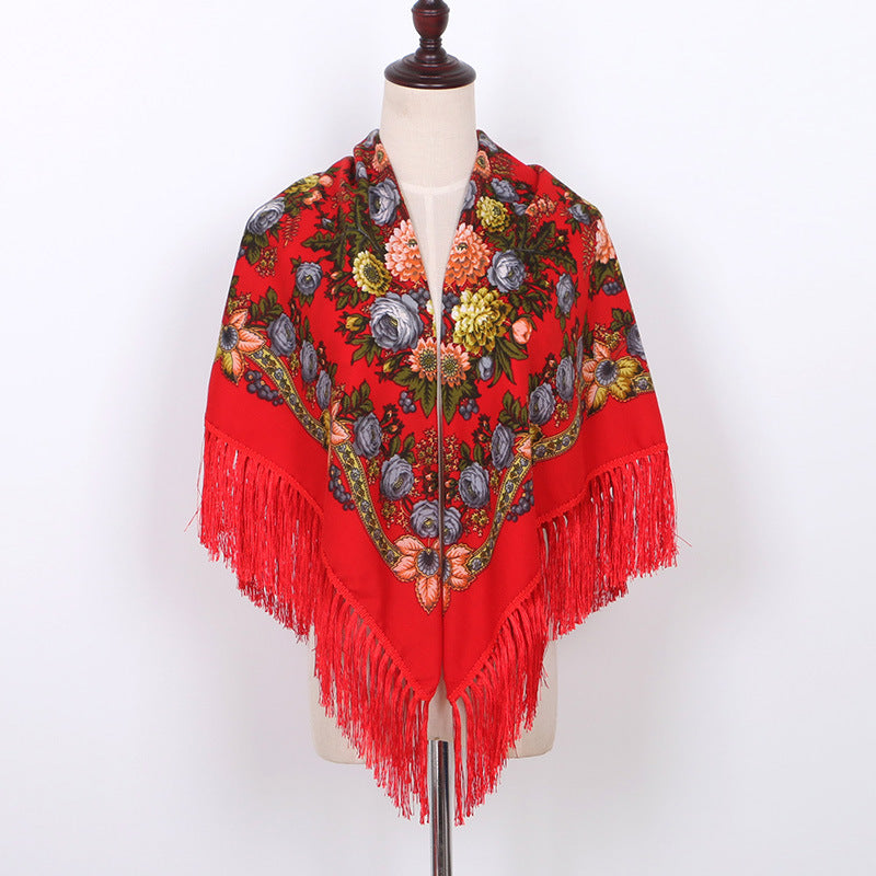 Ethnic Flower Print Square Scarf Shawl Wrap Fringed Scarves for Women Ladies Girls