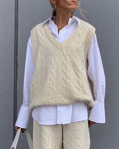 Knit V-neck Vest Sweaters Pants Two-piece Set