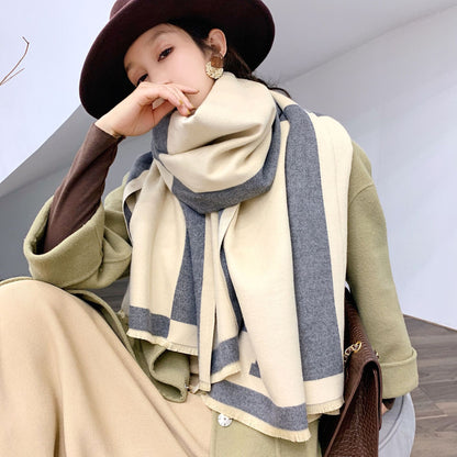Colorblock Warm Scarf Cashmere Double-sided Thick Shawl Wrap for Women Ladies Girls