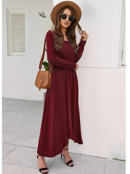 Round Collar Neck Long Sleeve Loose Maxi Dress