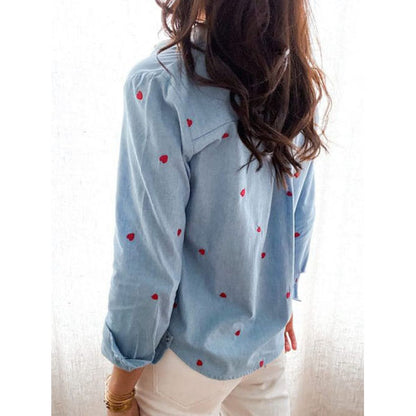 Single-breasted Love Shape Embroidery Lapel Denim Shirts