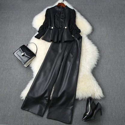 Pearl Suede Splicing Net Yarn Ruffled Sleeves Tops Wide Leg Pants Two-piece Set