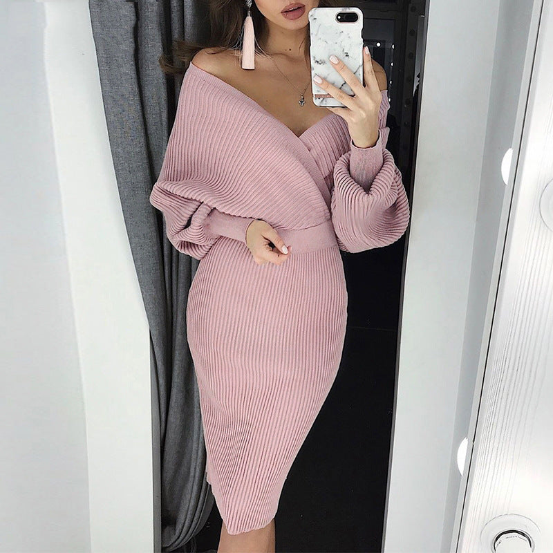 Deep V-neck Elegant Sweater and Bodycon Midi Dresses Two-piece Set