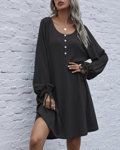 Lace-up Knit Round Neck Lantern Sleeve Mini Dresses