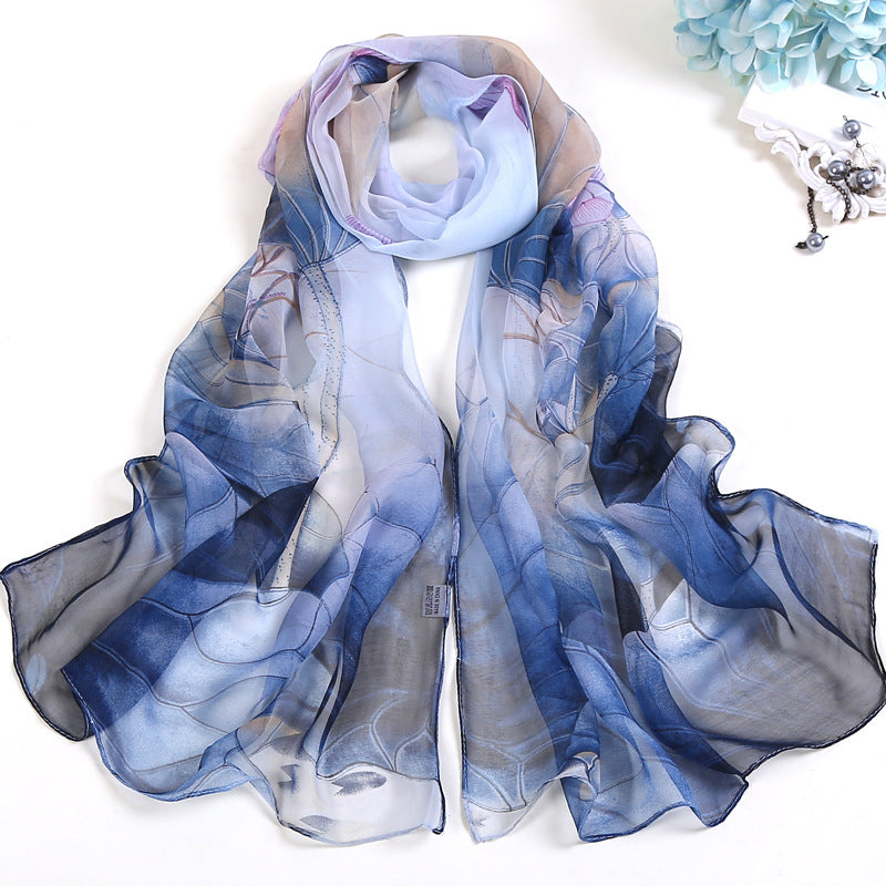 Lotus Printed Long Thin Silk Scarf for Women