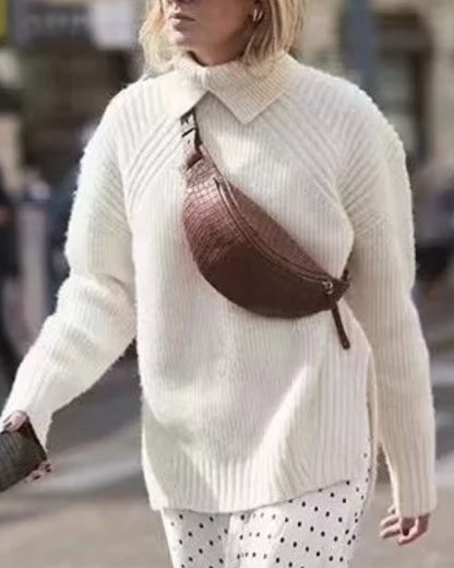 Slit Hem Knit Pile Collar High Low Sweaters