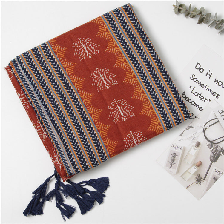 Tassel Twill Cotton Printed Scarf Ethnic Shawl for Women Ladies Girls