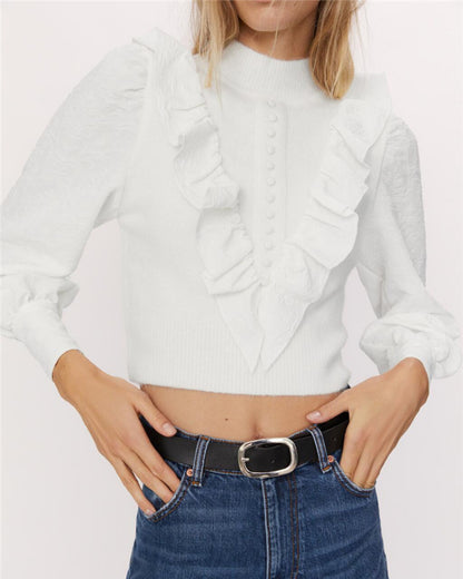 Elastic Sleeve Ruffled High-collared Laminated Sweaters Blouses