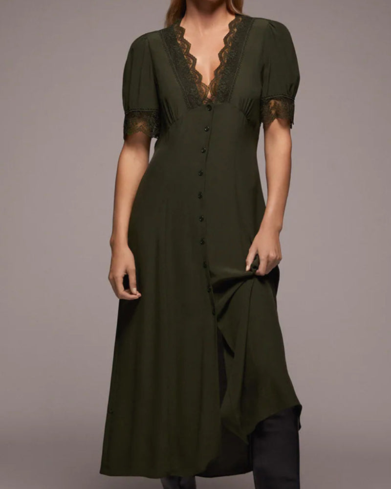 V-neck Vintage Lace Puff Sleeve Single-breasted Midi Dresses
