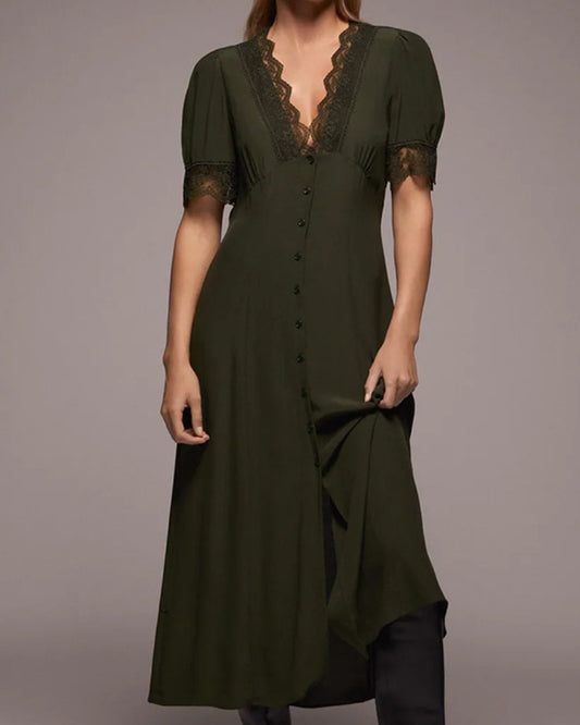 V-neck Vintage Lace Puff Sleeve Single-breasted Midi Dresses