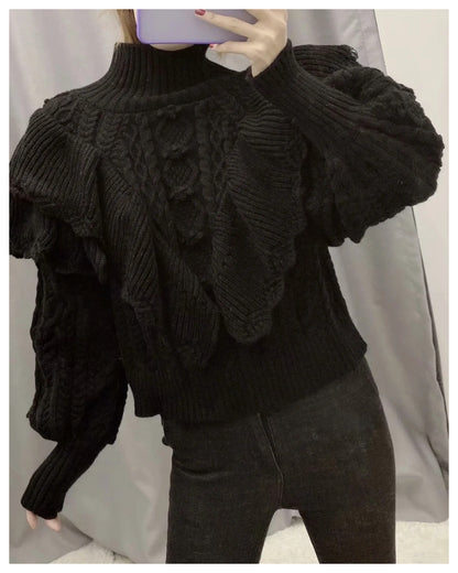 High Collar Ruffles Lantern Sleeves Knit Geometry Sweater