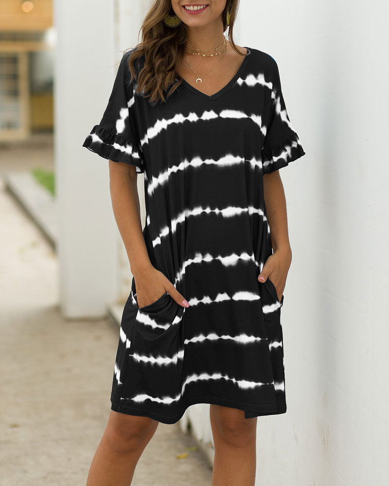 Pocket Striped Mini Dresses Lotus Sleeve