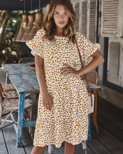 Round Neck Lotus Sleeve Polka Dot Maxi Dress