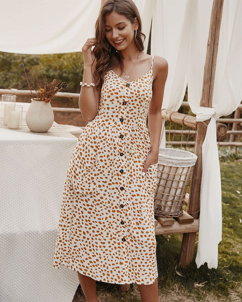 V-neck Suspenders Single-breasted Printed Maxi Dress