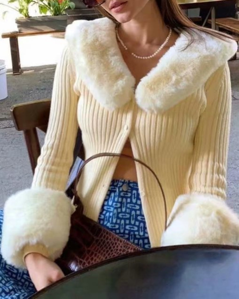 Fur Collar Sleeve Single-breasted Vintage Stripe Cardigan