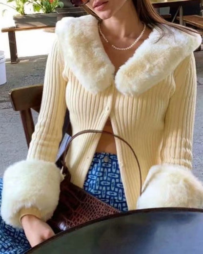 Fur Collar Sleeve Single-breasted Vintage Stripe Cardigan