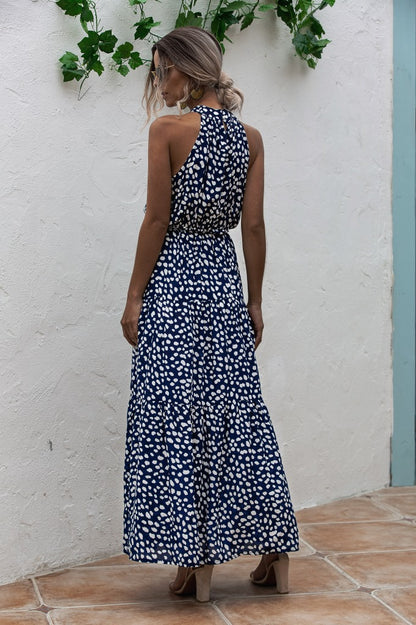 Royal Blue Wave Bohemian Boho Printed Hanging Neck Straps Maxi Dresses