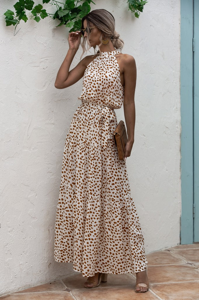 Beige Bohemian Boho Printed Hanging Neck Straps Maxi Dresses