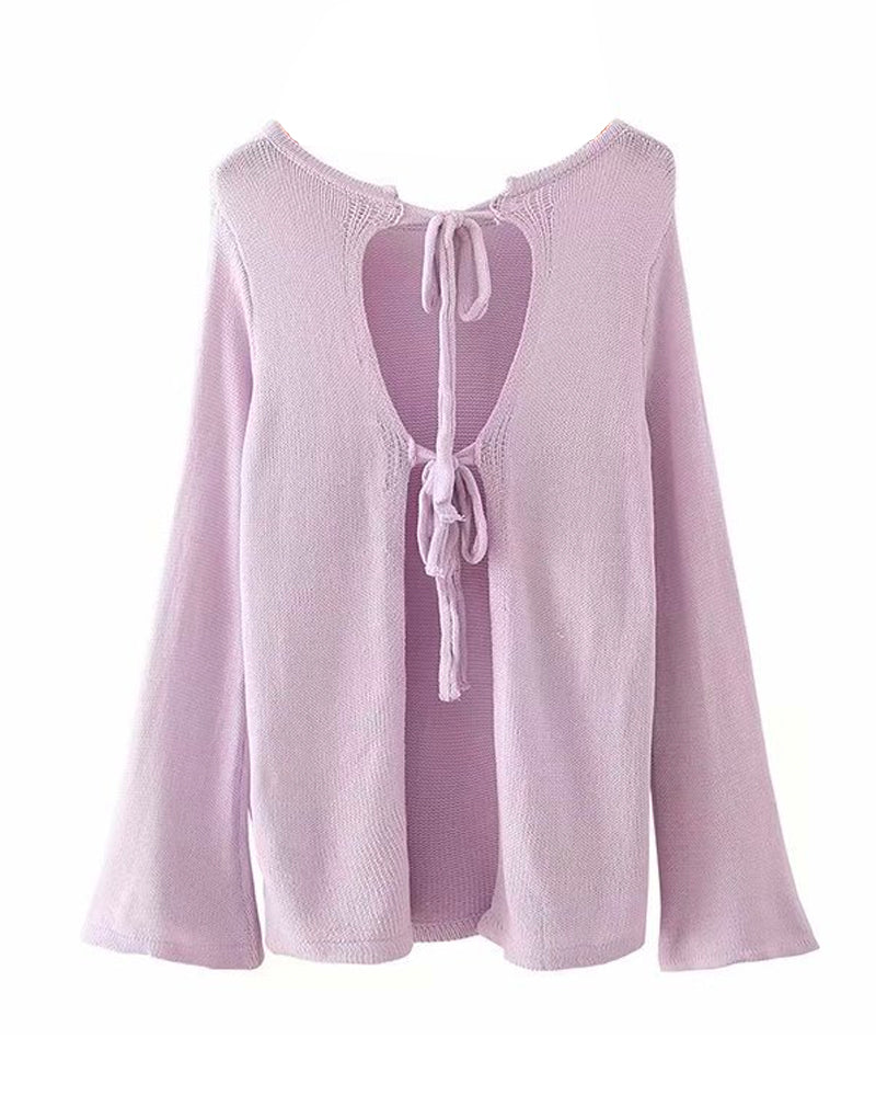 Flared Sleeves Tie Knitting Tops Shorts Two-piece Set