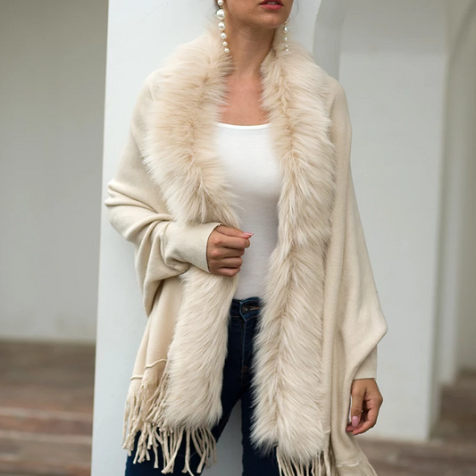 Tassel Fringed Cloak Shawl Fur Collar Sweater Cape Cardigans
