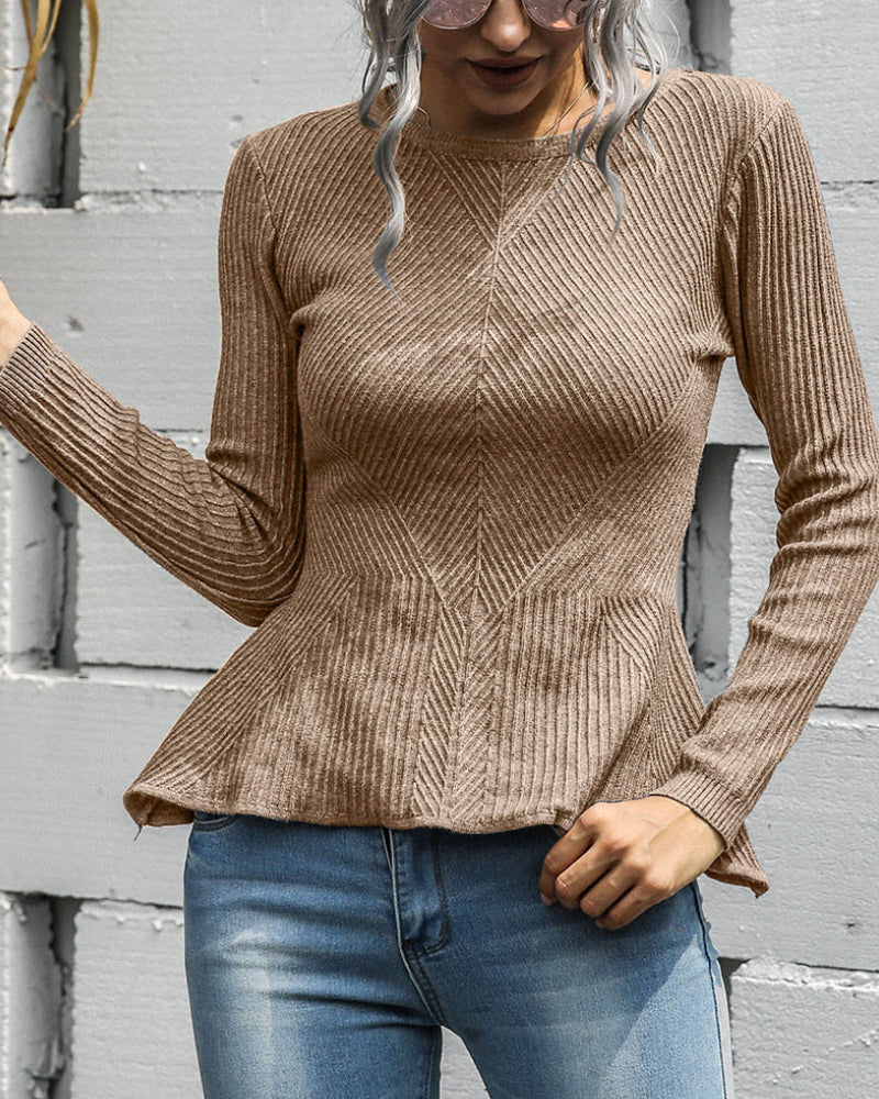 Ruffled Knit Slim-type Round Neck Sweaters