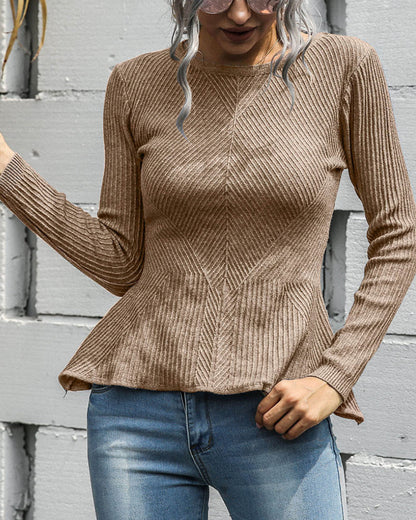 Ruffled Knit Slim-type Round Neck Sweaters