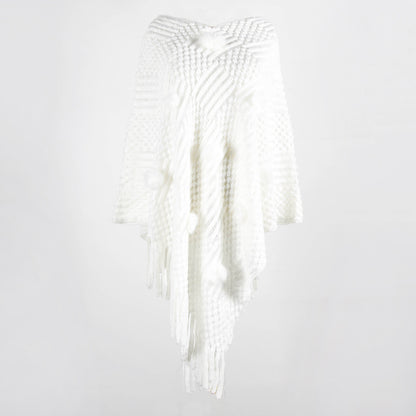 Tassel Fringed Pullover V-neck Collar Pompom Sweater Cloak Shawl Cape