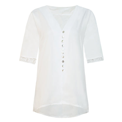 Women's Loose V Neck Lace Edge Shirt Button Blouse