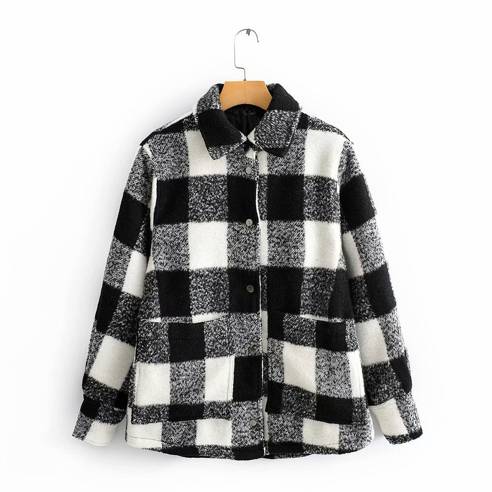 Black And White Grid Single-breasted Shirt Style Cardigan Coat