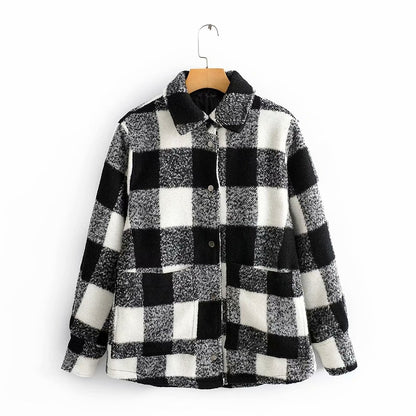 Black And White Grid Single-breasted Shirt Style Cardigan Coat