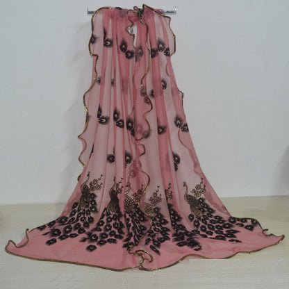Fashion Lace Scarf Net Yarn Printing Peacock Stitching Flocking Phoenix Scarf for Women Ladies Girls