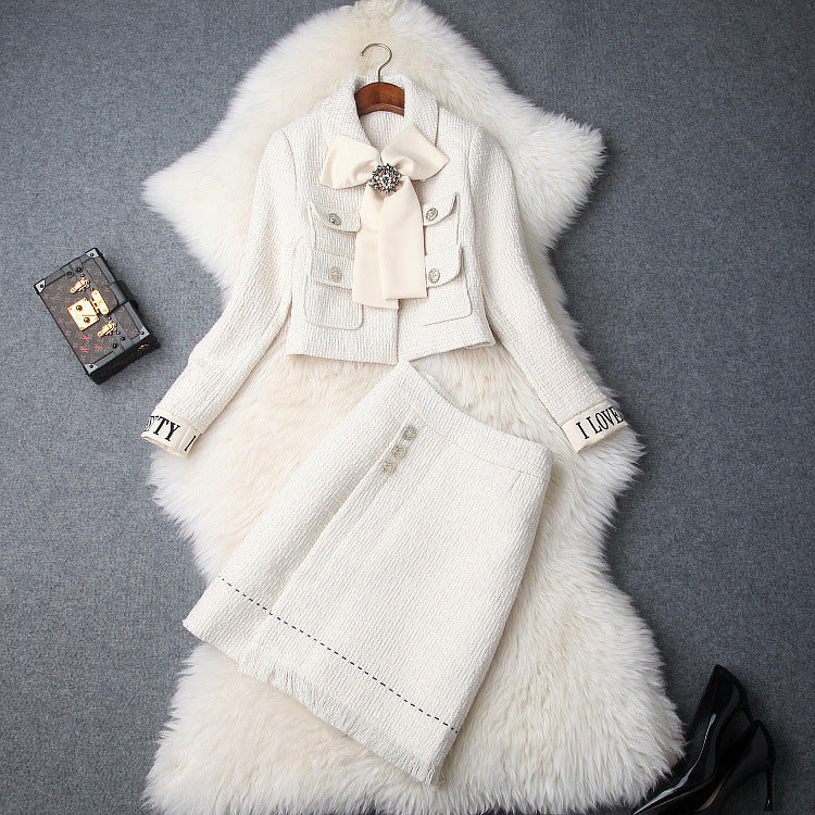 Lapel Bow Long Sleeve Short Jacket & Tweed Tassel Skirt Dress Suit