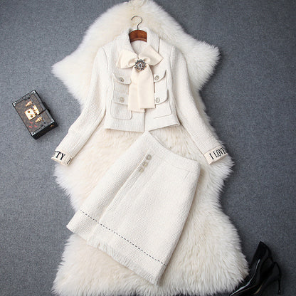 Lapel Bow Long Sleeve Short Jacket & Tweed Tassel Skirt Dress Suit