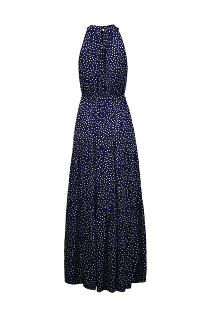 Navy Blue Wave Bohemian Boho Printed Hanging Neck Straps Maxi Dresses