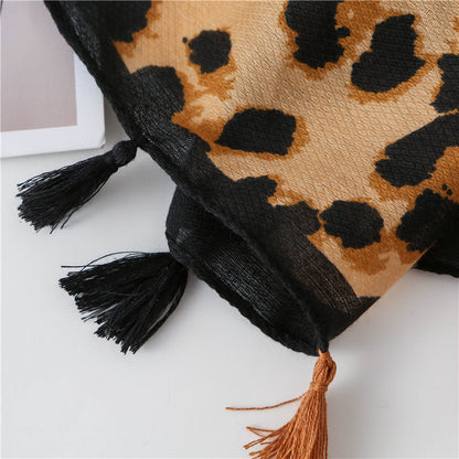 Tassel Fringe Leopard Print Scarf Shawl for Women Ladies Girls