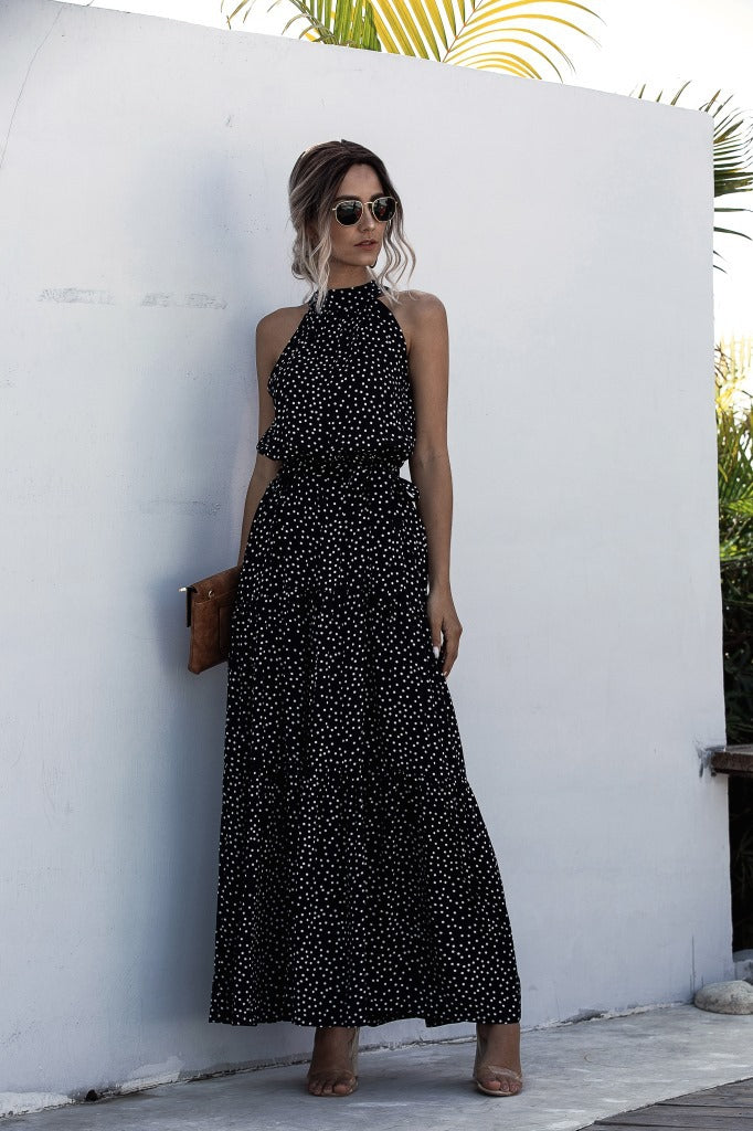 Black Wave Bohemian Boho Printed Hanging Neck Straps Maxi Dresses