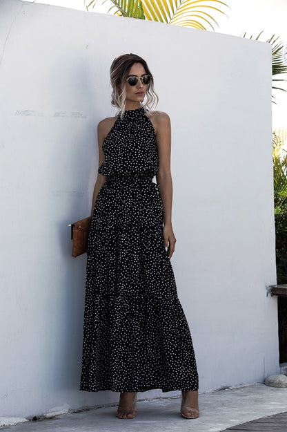 Black Wave Bohemian Boho Printed Hanging Neck Straps Maxi Dresses