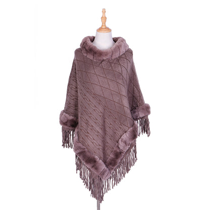 Tassel Hem Fur Collar Pullover Sweater Cloak Shawl Cape