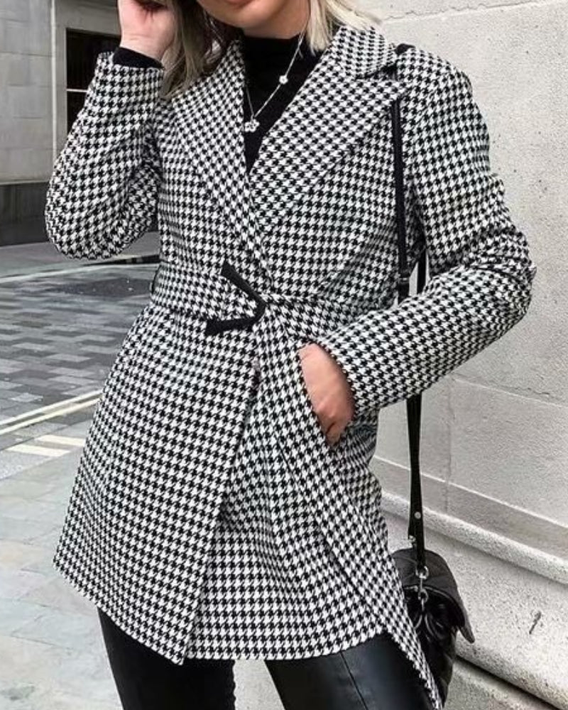 Houndstooth Button Lapel Belt Blazers Splicing Outerwear
