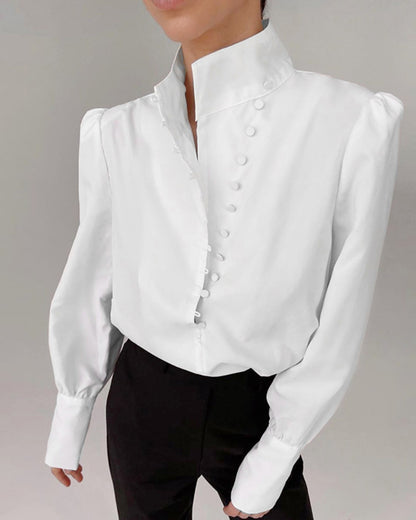Single-breasted Round Neck Puff Sleeve Mandarin Collar Shirts