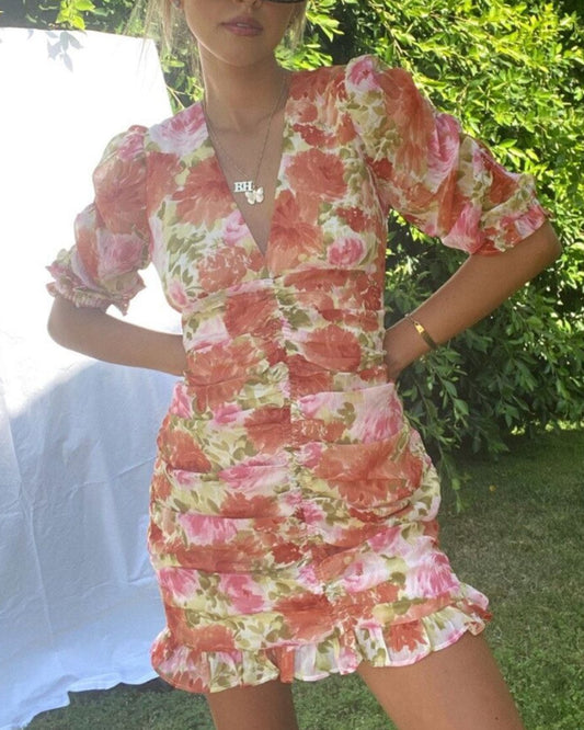 Party V-neck Pleated Ruffled Floral Bodycon Mini Dresses