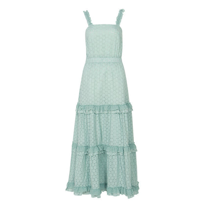 Hollow Lace Ruffle Stitching Strap Bodycon Evening Maxi Dresses
