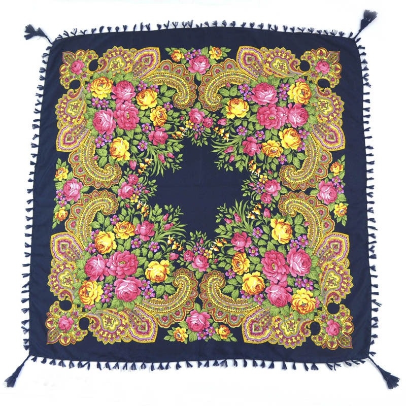 Ethnic Flower Print Square Scarf Shawl Fringed Scarves for Women Ladies Girls