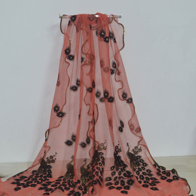 Fashion Lace Scarf Net Yarn Printing Peacock Stitching Flocking Phoenix Scarf for Women Ladies Girls