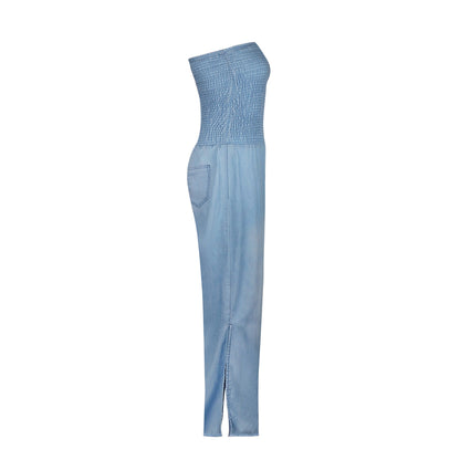 Tube Top Strapless Elastic Waist Slit Leg Denim Jumpsuit