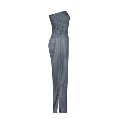 Tube Top Strapless Elastic Waist Slit Leg Denim Jumpsuit