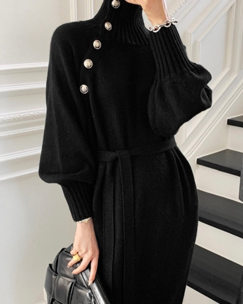 Knit High Collar Lace-up Puff Sleeve Sweater Midi Dresses