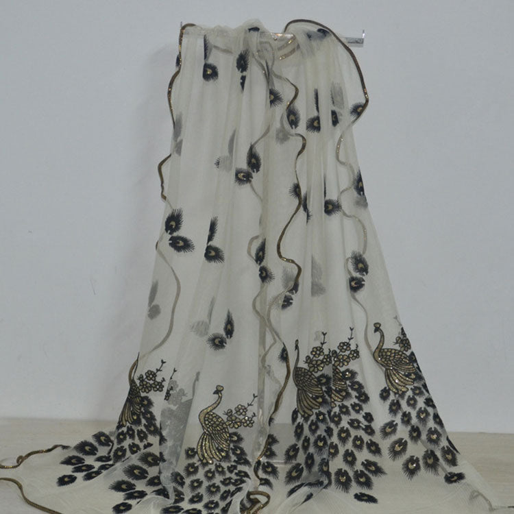 Fashion Lace Scarf Net Yarn Printing Peacock Stitching Flocking Phoenix Scarf for Women Ladies Girls