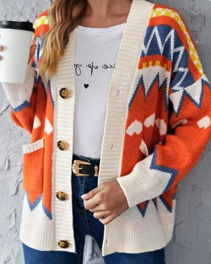 Argyle Pattern Geometry Contrast Color Cardigan Knit Sweater Outerwear